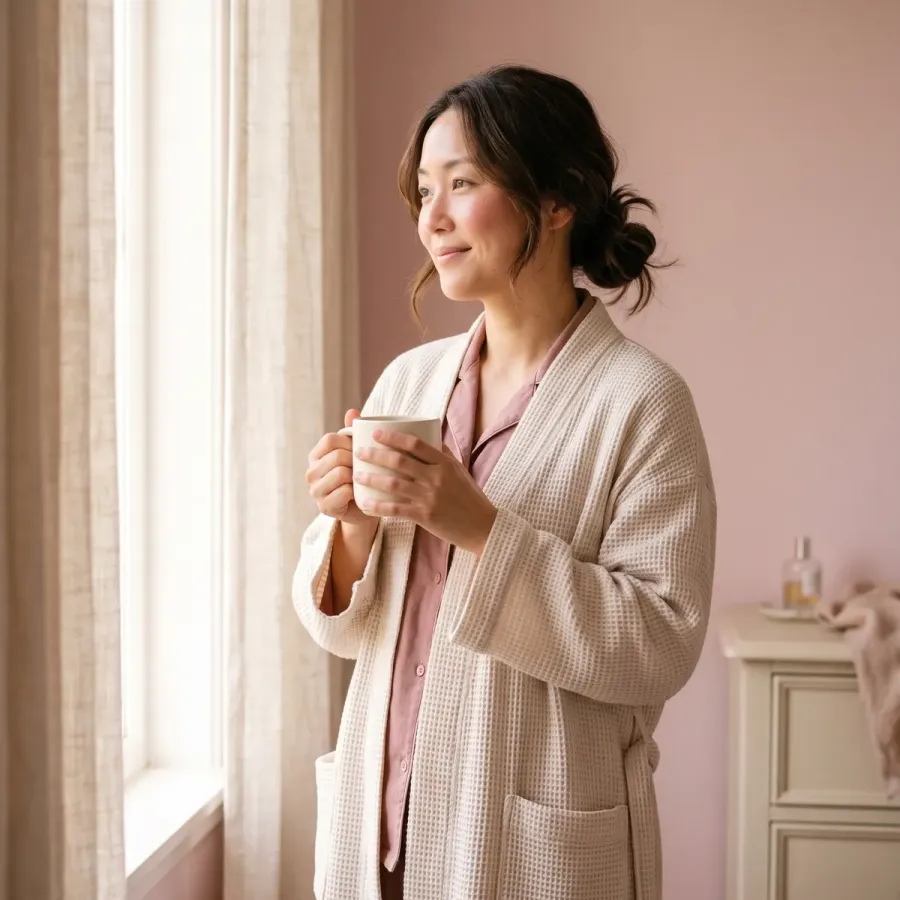 Woman wrapped in a cosy knit blanket on a couch, holding a warm mug while resting at home
