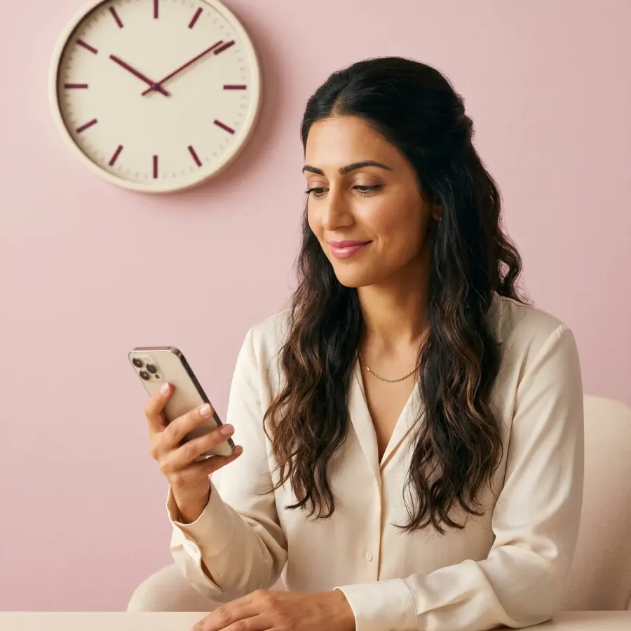 Woman at desk with phone, wall clock visible behind her, beginning her priority telehealth consult