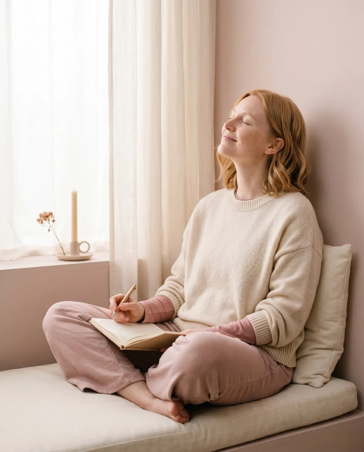 Woman with eyes softly closed in a sunlit window nook, journal in hand, calm and hopeful